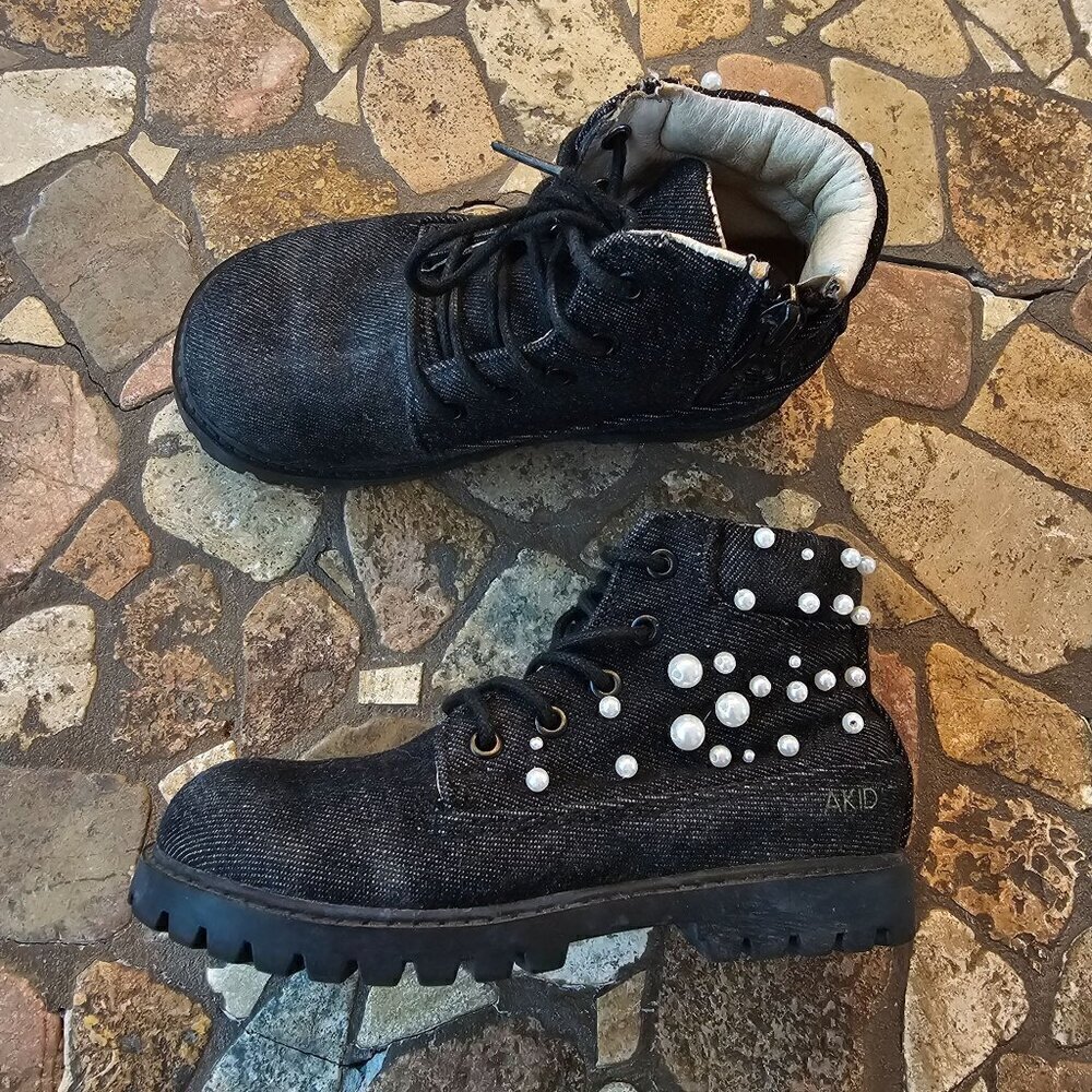 AKID Kids Black Denim Pearly Studded Boots Lace-Up & Side Zipper Size 10C
